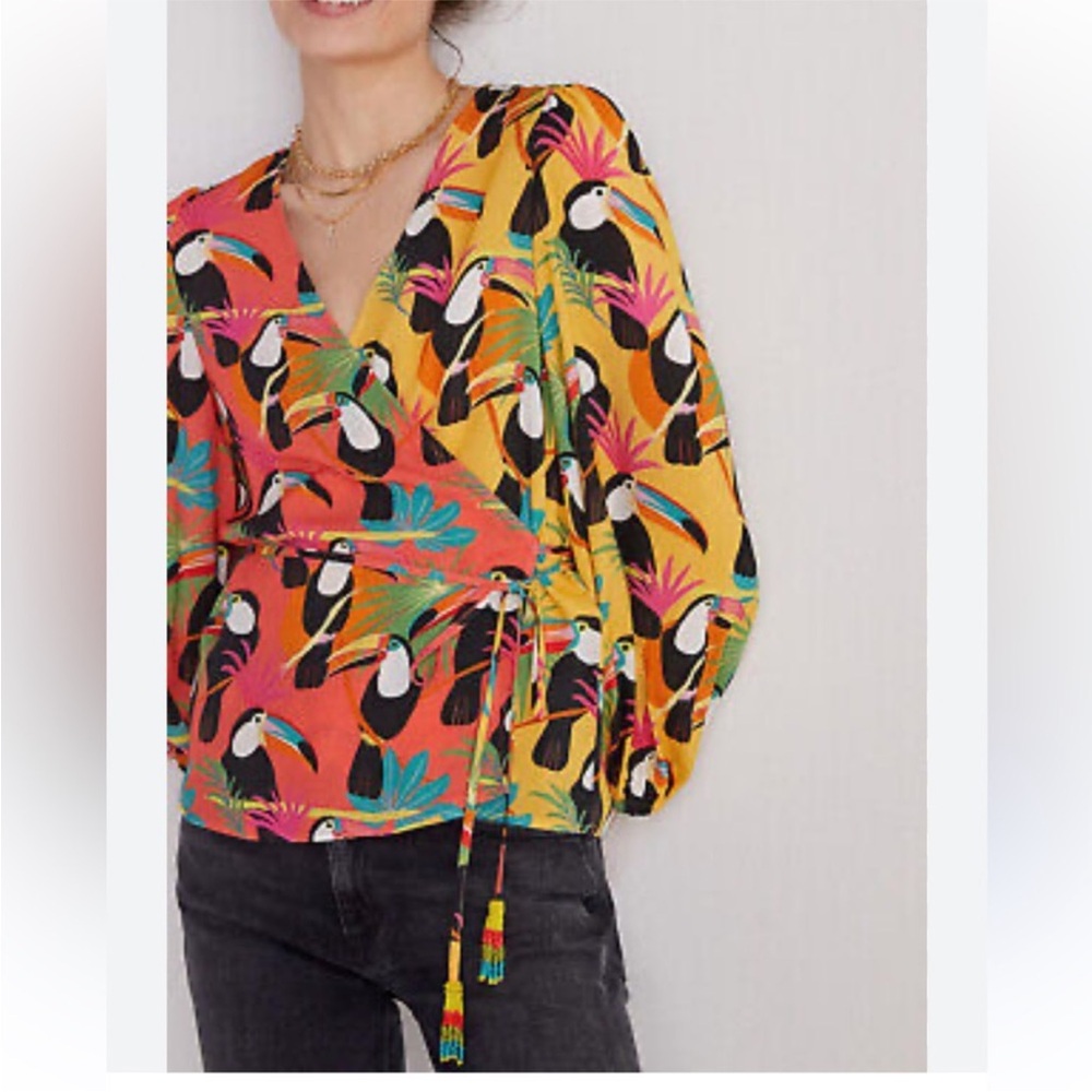 Anthropologie FarmRio  Wrap Blouse in Yellow and Pink with Tie Front